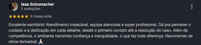 Avaliação no Google de Isaa Schumacher para a Souza Advocacia