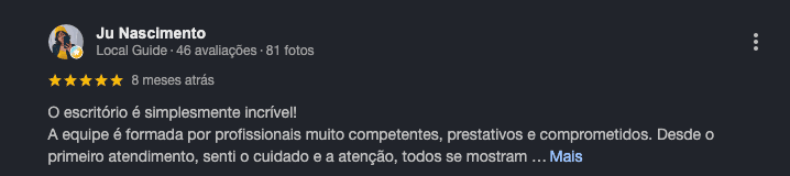 Avaliação no Google de Ju Nascimento para a Souza Advocacia